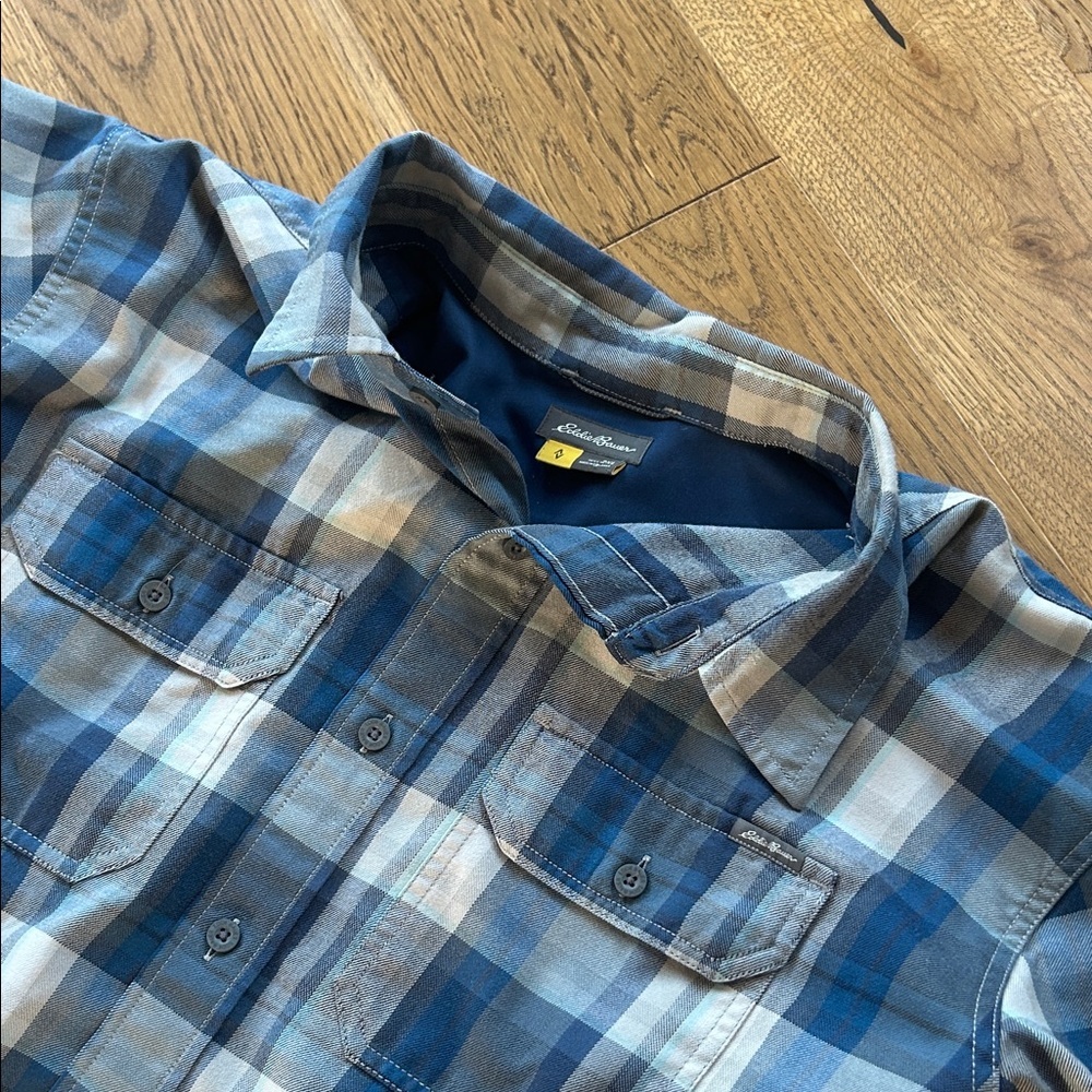 Eddie Bauer Blue and Gray Plaid Long-Sleeve Button Shirt